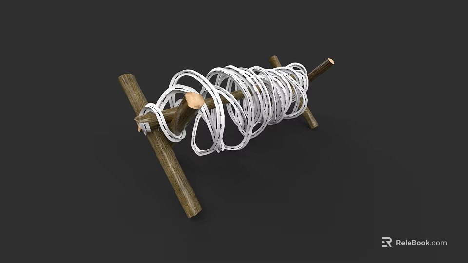 Ancient Coiled Weapon With Wooden Frame And Metal Rings Structure 3d model 