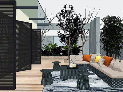 Modern Courtyard Garden With Wooden Flooring Black Partitions Sofa Colorful Cushions Green Plants Glass Roof 3d model