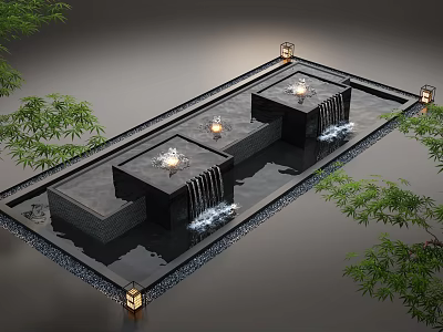 Outdoor Water Fountain With Rectangular Pool Black Stone Structures Waterfall Features And Green Plants 3d model