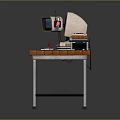 Vintage Computer Desk With Wooden Top Metal Frame Monitor CPU Tower And Equipment