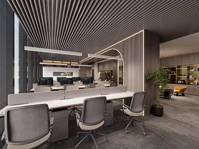Modern Public Office Space Interior With Ergonomic Workstations Ceiling Slats And Green Plants 3d model