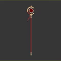 Shiny Golden Weapon with Red Long Handle and Ornate Circular Decorative Head