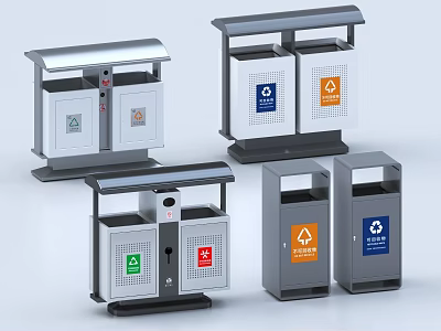 Public Facilities Modern Classified Trash Bins with Different Recycling and Waste Classification Signs and Metal Design 3d model