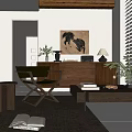Wooden Dresser in Living Room with Vase Green Plants Radio Lamp and Horse Painting