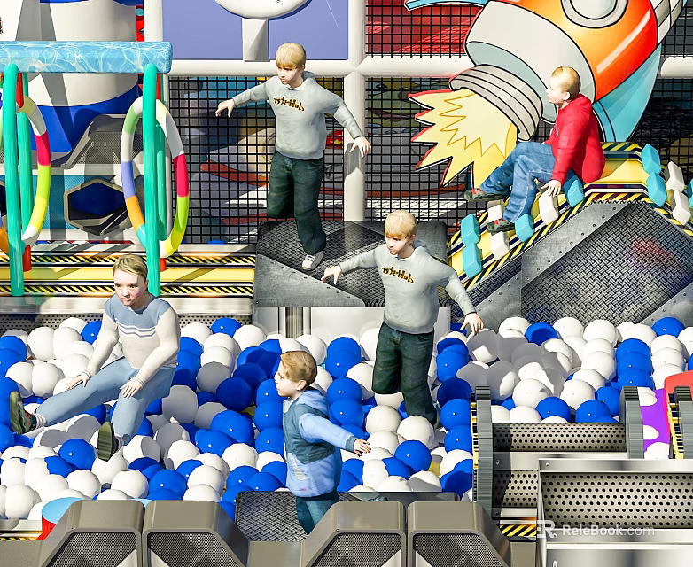 Commercial Playground Equipment With Ball Pit Net Structures Slides And Kids Playing 3d model 