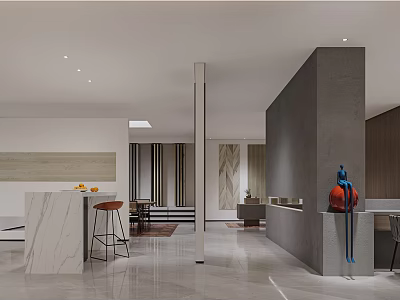 Modern Open Kitchen Interior Design With Island Counter And Lighting Fixtures 3d model