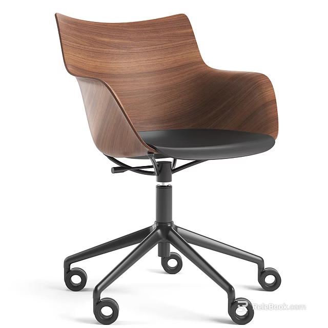 Modern Office Chair With Wooden Backrest Black Leather Seat And Swivel Base 3d model 