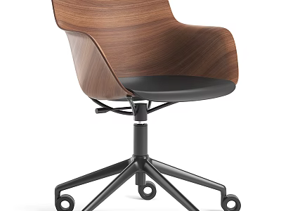 Modern Office Chair With Wooden Backrest Black Leather Seat And Swivel Base 3d model