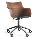 Modern Office Chair With Wooden Backrest Black Leather Seat And Swivel Base