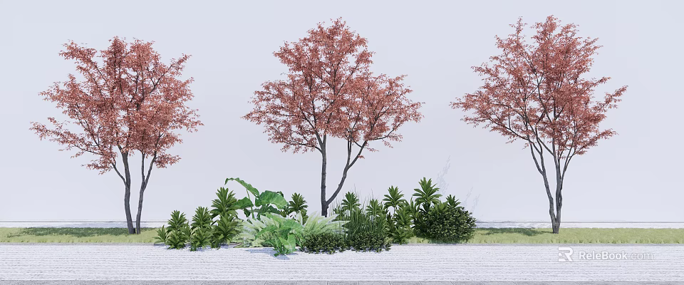 Ornamental Trees With Vibrant Red Leaves Surrounded By Green Shrubs And Grass 3d model 