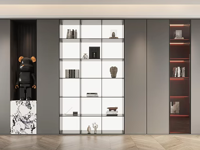 Modern Bookcase With Glass Shelves Transparent Doors Marble Base Lighting And Decorative Items 3d model