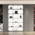 Modern Bookcase With Glass Shelves Transparent Doors Marble Base Lighting And Decorative Items