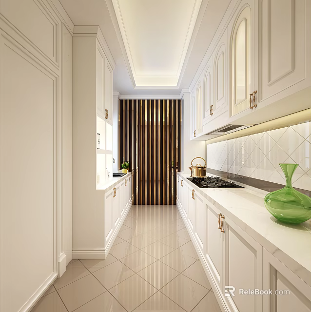 Elegant Modern Kitchen Interior With White Cabinets Marble Countertops Brass Hardware And Green Vase 3d model 