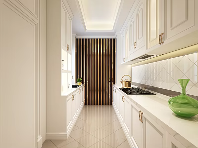 Elegant Modern Kitchen Interior With White Cabinets Marble Countertops Brass Hardware And Green Vase 3d model