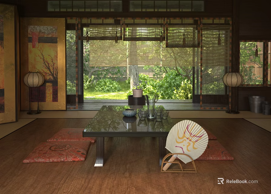Japanese Living Room With Wooden Flooring Red Rugs Black Coffee Table Bamboo Blinds And Green Plants 3d model 