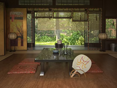 Japanese Living Room With Wooden Flooring Red Rugs Black Coffee Table Bamboo Blinds And Green Plants 3d model