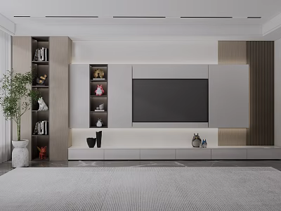 Modern Living and Dining Room With TV Wall Storage Shelves Decorations and Green Plant 3d model