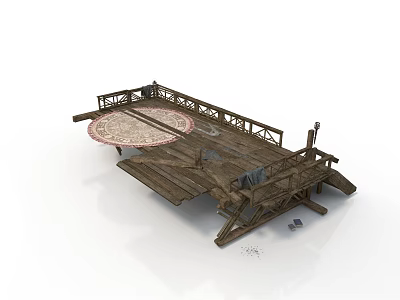 Rustic Wooden Architectural Platform Structure With Circular Rug Railing And Support Beams 3d model