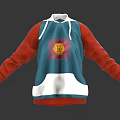 Stylish Blue Hoodie With Red Sleeves Sun Graphic And White Bottom