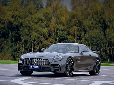 Gray Luxury Mercedes AMG GT Sports Car Parked On Road With Green Trees Background 3d model