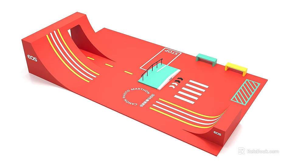 Interactive Zone Design With Red Ramps Colorful Platform Railings And Benches 3d model