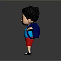 Cartoon Boy with Black Short Hair Blue Shirt Red Shorts Blue Backpack and Arms Outstretched