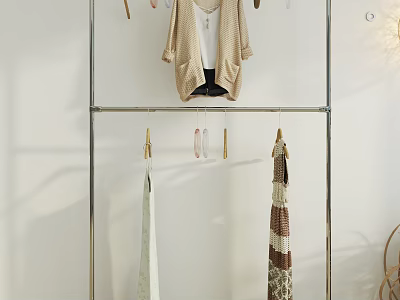 Iron Clothes Rack With Minimalist Design Hanging Clothes Scarves And Clips On White Background 3d model