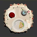 Wooden Dining Chair With Round Table Star Patterned Tablecloth White Vase And Hamburger