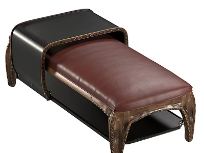 Brown And Black Leather Upholstered Footstool With Wooden Carved Legs 3d model