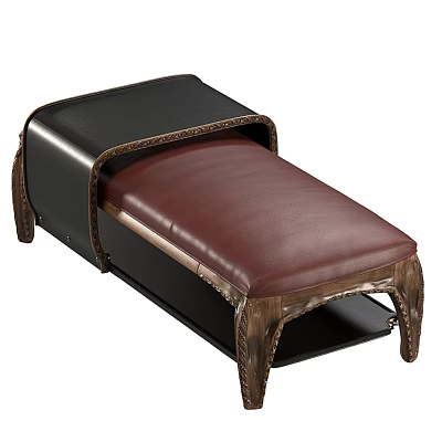 Brown And Black Leather Upholstered Footstool With Wooden Carved Legs 3d model