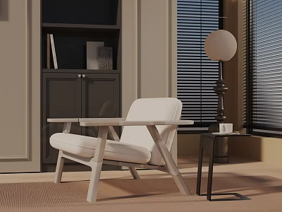 Modern White Accent Chair In Living Space With Side Table Bookshelf And Window Blinds 3d model
