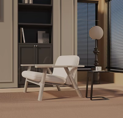 Modern White Accent Chair In Living Space With Side Table Bookshelf And Window Blinds 3d model