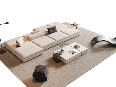 Modern White Sofa and Coffee Table Combination with Black Cushions and Light Gray Rug 3d model