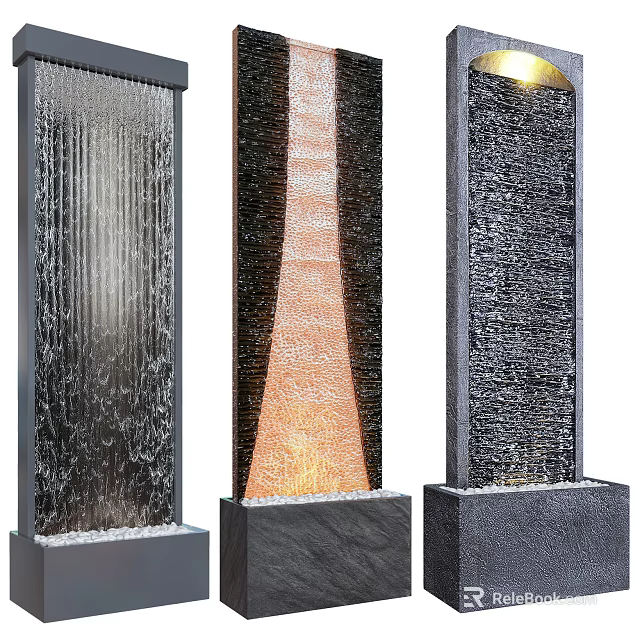 Outdoor Garden Water Wall Features With Flowing Water And Illuminated Design 3d model 