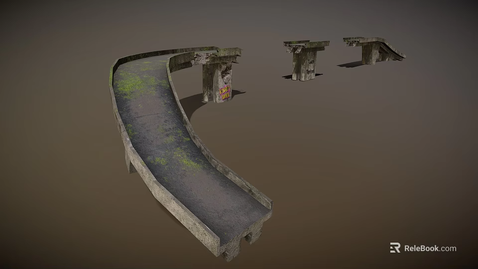 Broken Concrete Structure With Curved Road Surface Fractured Piers Moss Covered And Graffiti Details 3d model 