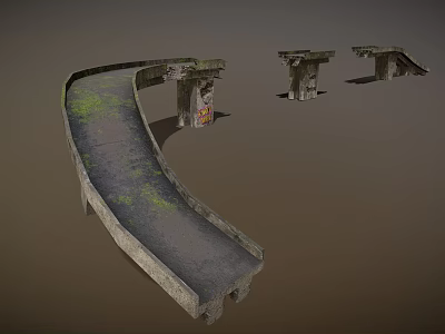 Broken Concrete Structure With Curved Road Surface Fractured Piers Moss Covered And Graffiti Details 3d model
