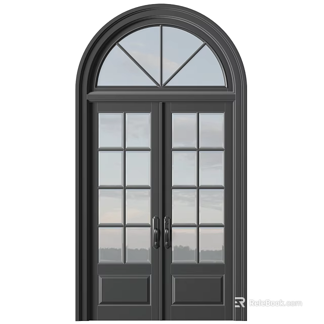Black Double Doors with Glass Panes and Arched Top Window for Modern Home 3d model 