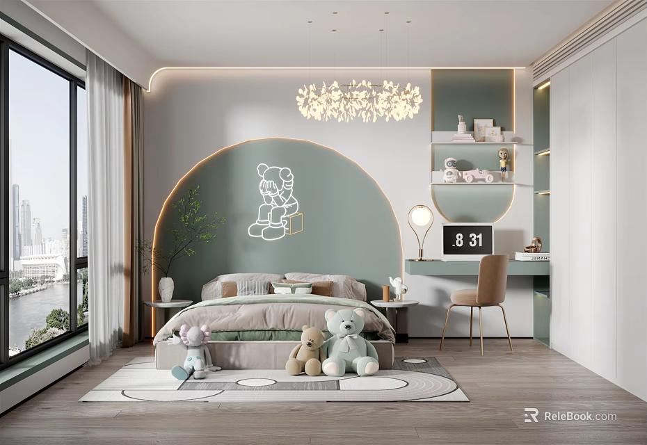 Cozy Kids Room Interior With Bear Wall Decor Stuffed Toys Chandelier And Soft Rug 3d model 