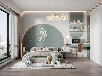 Cozy Kids Room Interior With Bear Wall Decor Stuffed Toys Chandelier And Soft Rug 3d model