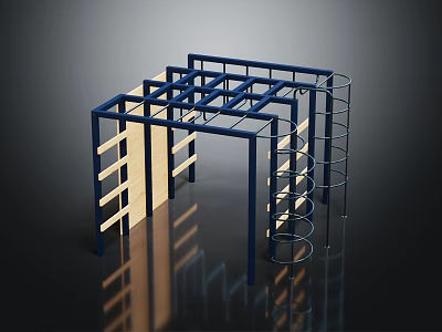 Blue Frame Playground Equipment With Wooden Climbing Panels And Spiral Ladder 3d model