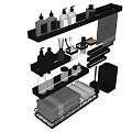 Organized Black Bathroom Shelves With Daily Essentials Toothbrush Towels And Storage