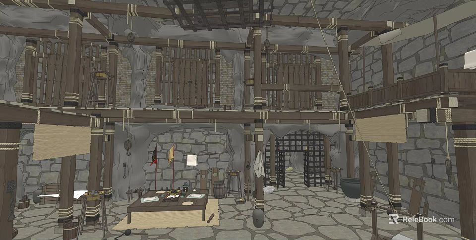 Cartoon Scene Interior With Wooden Structures Stone Walls Two Levels Stone Floor Furniture And Tools 3d model 