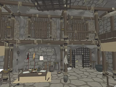 Cartoon Scene Interior With Wooden Structures Stone Walls Two Levels Stone Floor Furniture And Tools 3d model