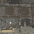 Cartoon Scene Interior With Wooden Structures Stone Walls Two Levels Stone Floor Furniture And Tools
