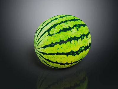 Fresh Ripe Watermelon with Green Black Striped Pattern on Dark Background and Reflective Surface 3d model
