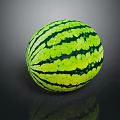 Fresh Ripe Watermelon with Green Black Striped Pattern on Dark Background and Reflective Surface
