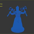 Red Man Statue Holding Two Axes With Flame Like Headpiece In Long Robes On Base