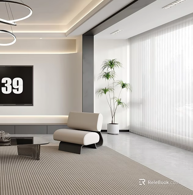 Modern Accent Chair in Living Room with TV Potted Plant Floor to Ceiling Window Blinds 3d model 