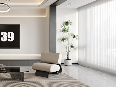 Modern Accent Chair in Living Room with TV Potted Plant Floor to Ceiling Window Blinds 3d model