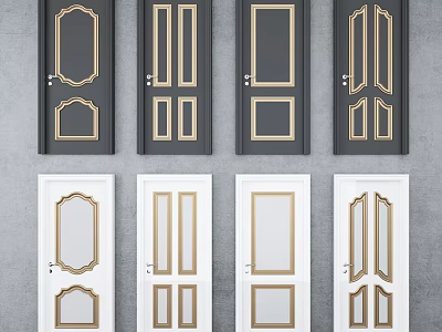 Stylish Black and White Hinged Doors with Golden Trim in Various Designs 3d model